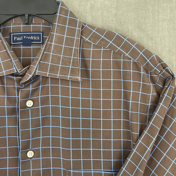 Paul Fredrick Men’s LS Oxford Dress Shirt Brown Blue Check Size 17-32 Trim Fit - Picture 2 of 8